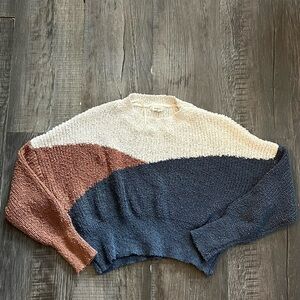 Colorblock Crew Neck Sweater - Cream, Brown, and Blue